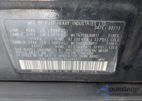 2013 Subaru Outback 2.5I Premium z USA, uszkodzony, nr VIN 4S4BRCGC4D3284622